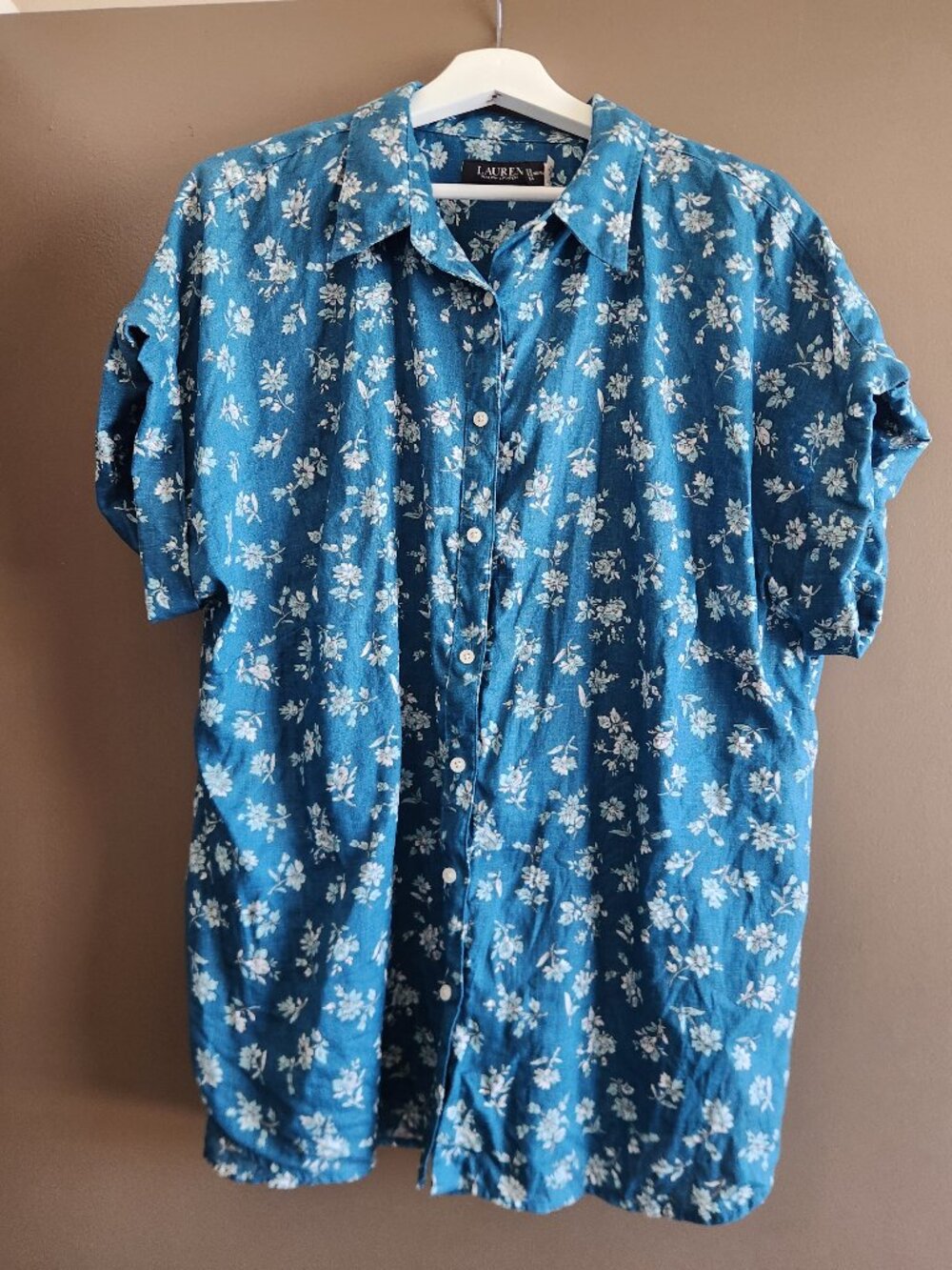 Lauren Ralph Lauren Women's Linen 2X Shirt (Blue Floral)